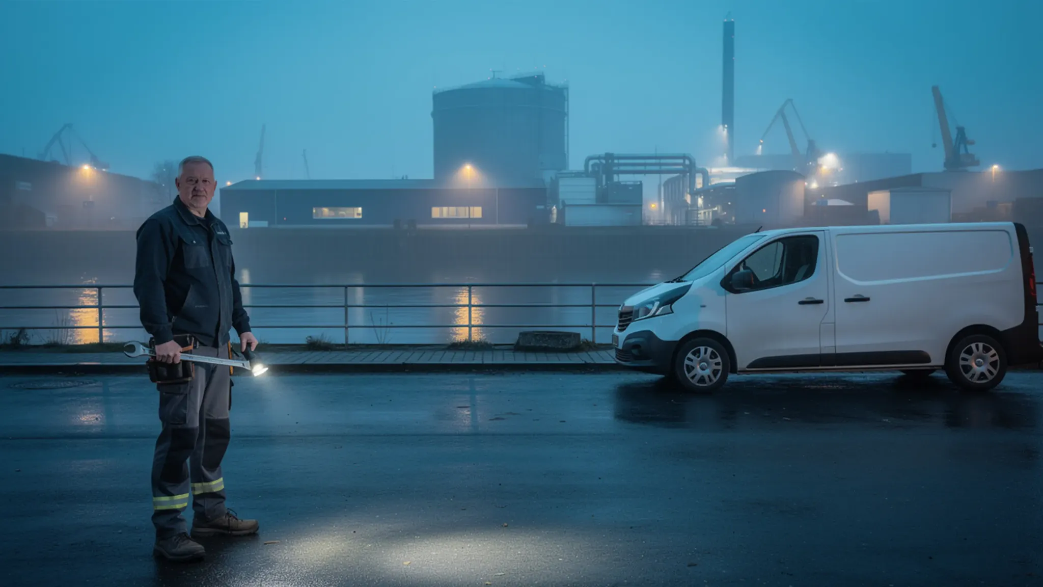 Techniker mit Fahrzeug am Objekt